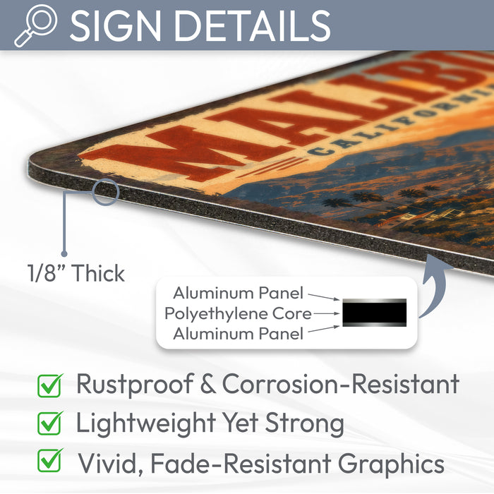 Malibu California Beach metal sign with vintage weathered-tin travel poster illustration — Malibu California Beach
