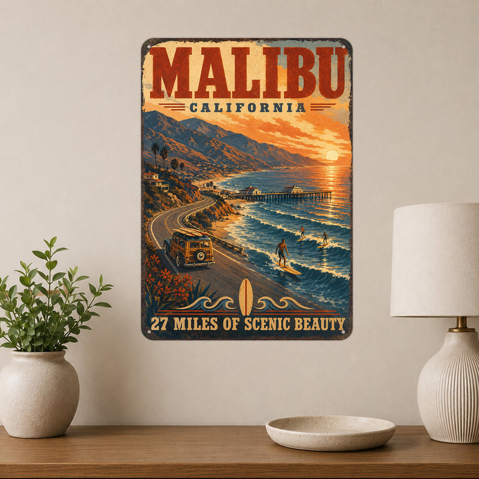 Malibu California Beach metal sign with vintage weathered-tin travel poster illustration — Malibu California Beach