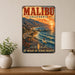 Malibu California Beach metal sign with vintage weathered-tin travel poster illustration — Malibu California Beach