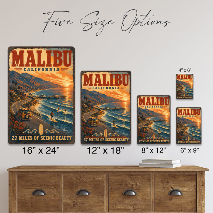 Malibu California Beach metal sign with vintage weathered-tin travel poster illustration — Malibu California Beach