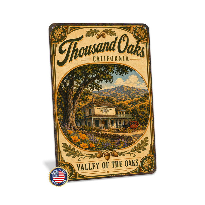 Thousand Oaks California metal sign with vintage weathered-tin travel poster illustration — Thousand Oaks California