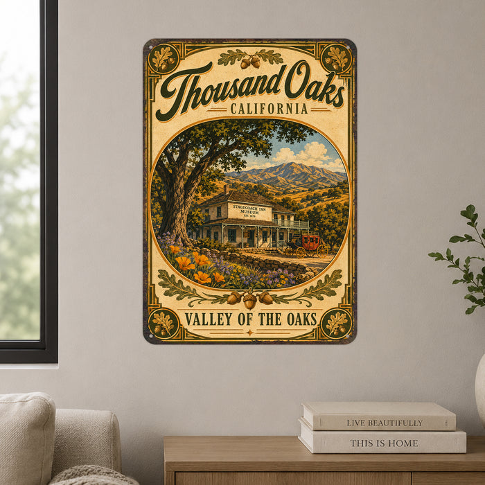 Thousand Oaks California metal sign with vintage weathered-tin travel poster illustration — Thousand Oaks California
