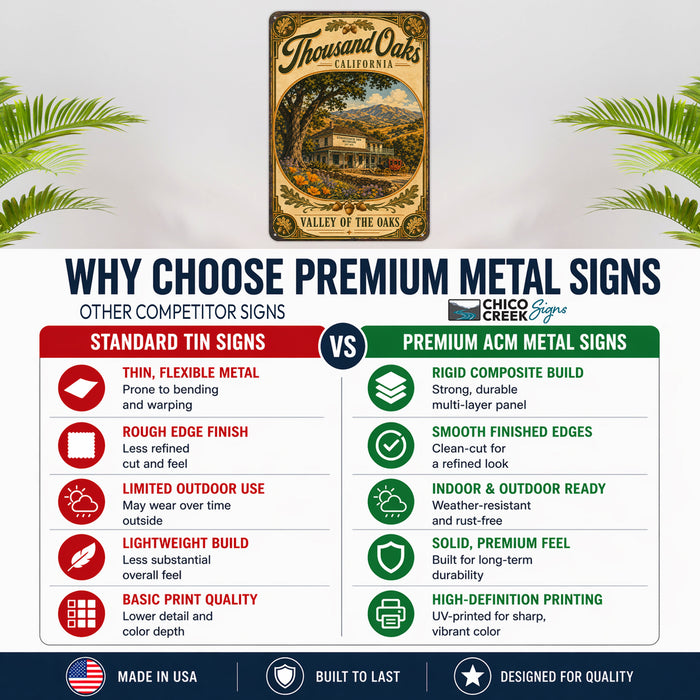 Thousand Oaks California metal sign with vintage weathered-tin travel poster illustration — Thousand Oaks California