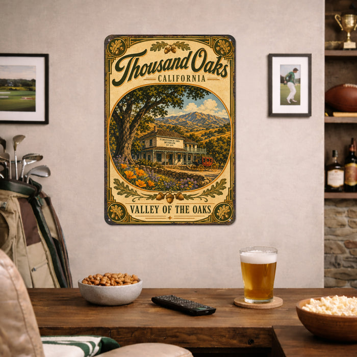 Thousand Oaks California metal sign with vintage weathered-tin travel poster illustration — Thousand Oaks California