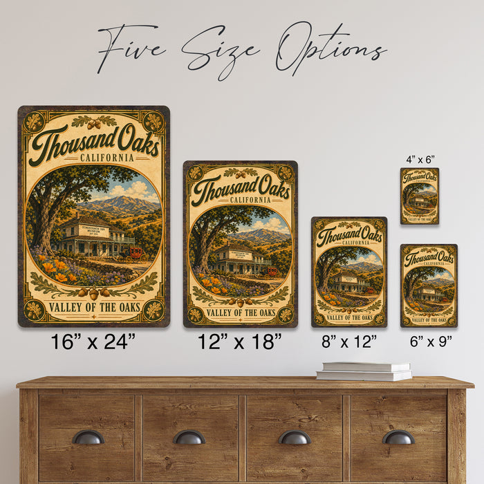 Thousand Oaks California metal sign with vintage weathered-tin travel poster illustration — Thousand Oaks California