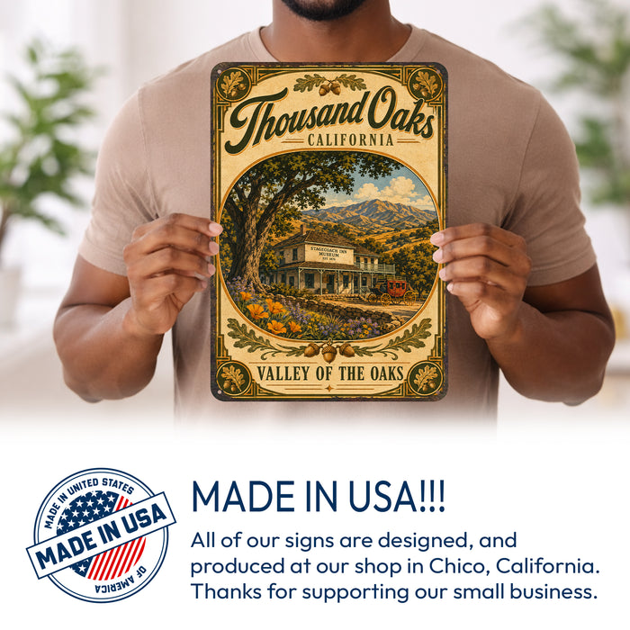 Thousand Oaks California metal sign with vintage weathered-tin travel poster illustration — Thousand Oaks California