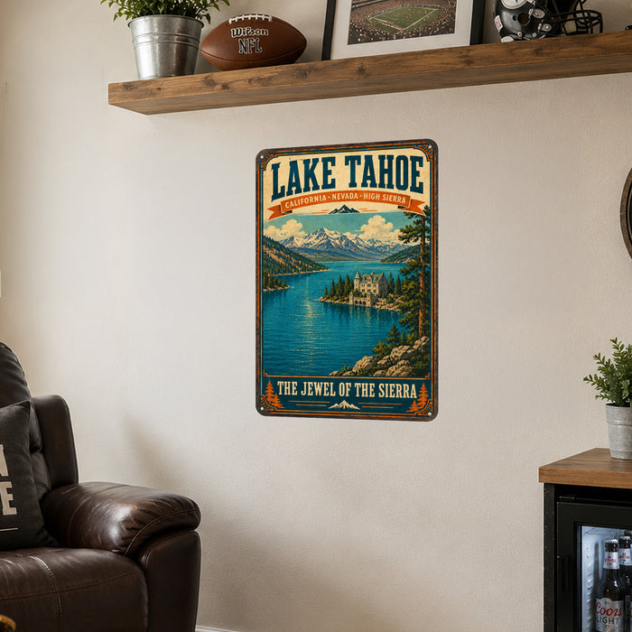 Lake Tahoe California Sierra Nevada metal sign with vintage weathered-tin travel poster illustration — Lake Tahoe California