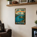 Lake Tahoe California Sierra Nevada metal sign with vintage weathered-tin travel poster illustration — Lake Tahoe California