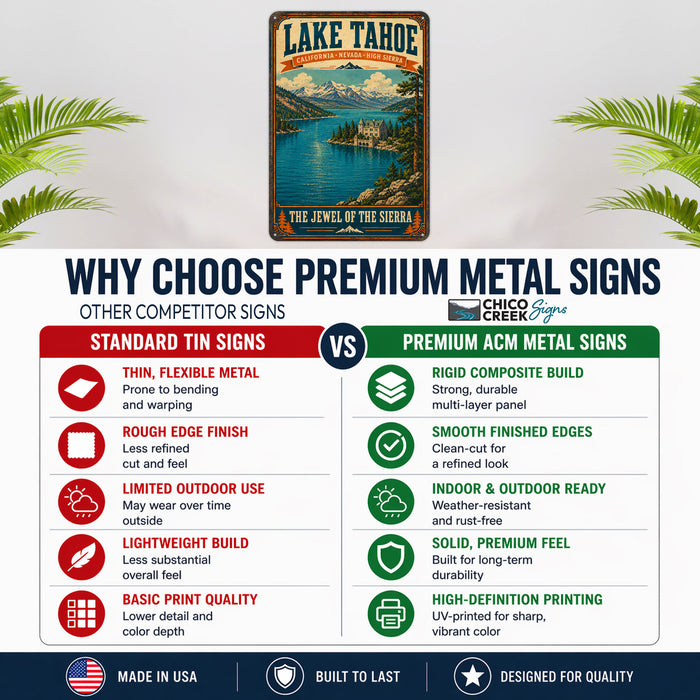 Lake Tahoe California Sierra Nevada metal sign with vintage weathered-tin travel poster illustration — Lake Tahoe California