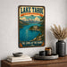 Lake Tahoe California Sierra Nevada metal sign with vintage weathered-tin travel poster illustration — Lake Tahoe California