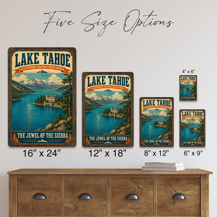 Lake Tahoe California Sierra Nevada metal sign with vintage weathered-tin travel poster illustration — Lake Tahoe California