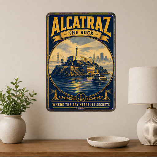 Alcatraz The Rock San Francisco metal sign with vintage weathered-tin travel poster illustration — Alcatraz The Rock San