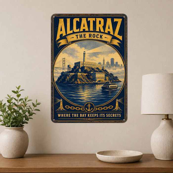 Alcatraz The Rock San Francisco metal sign with vintage weathered-tin travel poster illustration — Alcatraz The Rock San