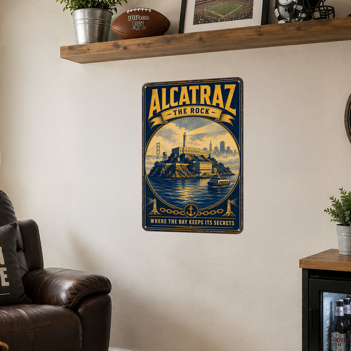 Alcatraz The Rock San Francisco metal sign with vintage weathered-tin travel poster illustration — Alcatraz The Rock San
