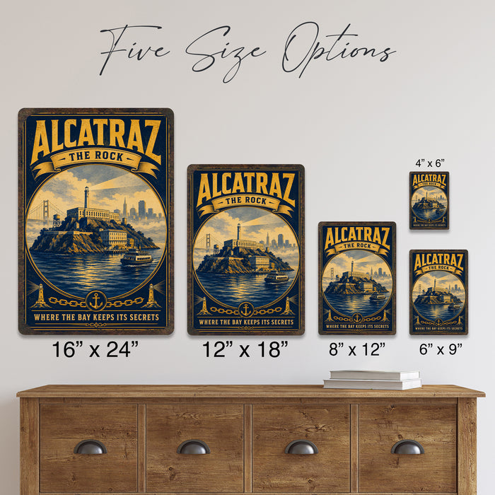 Alcatraz The Rock San Francisco metal sign with vintage weathered-tin travel poster illustration — Alcatraz The Rock San