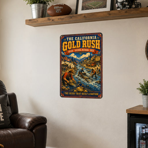 California Gold Rush 1848 Sierra Nevada metal sign with vintage weathered-tin travel poster illustration — California Gold