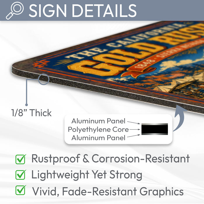 California Gold Rush 1848 Sierra Nevada metal sign with vintage weathered-tin travel poster illustration — California Gold