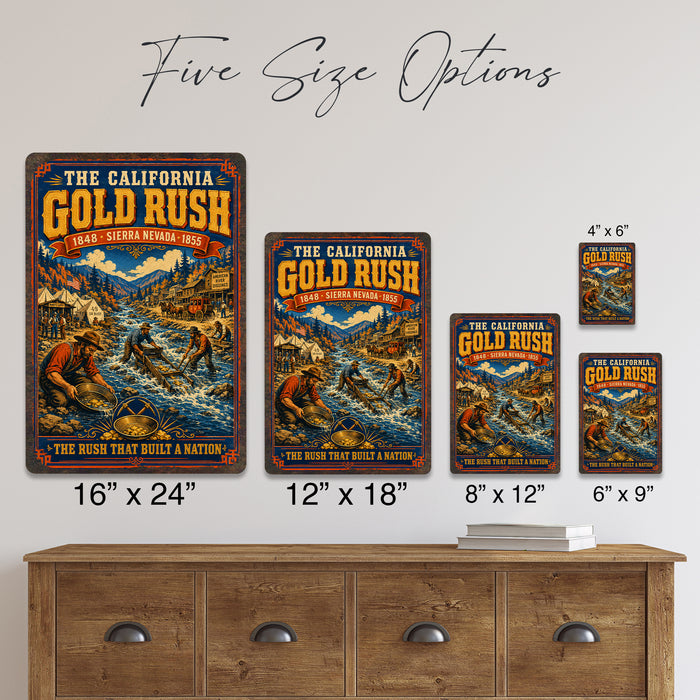 California Gold Rush 1848 Sierra Nevada metal sign with vintage weathered-tin travel poster illustration — California Gold