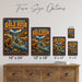 California Gold Rush 1848 Sierra Nevada metal sign with vintage weathered-tin travel poster illustration — California Gold