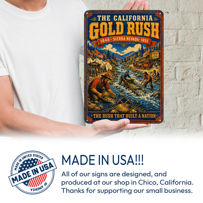 California Gold Rush 1848 Sierra Nevada metal sign with vintage weathered-tin travel poster illustration — California Gold