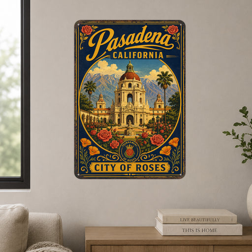 Pasadena California City of Roses metal sign with vintage weathered-tin travel poster illustration — Pasadena California