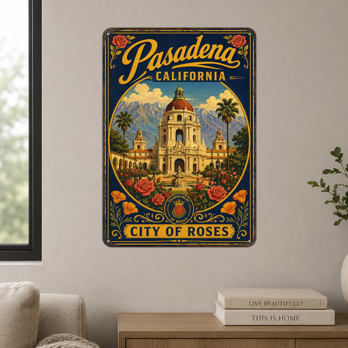 Pasadena California City of Roses metal sign with vintage weathered-tin travel poster illustration — Pasadena California