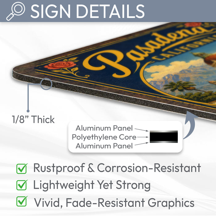 Pasadena California City of Roses metal sign with vintage weathered-tin travel poster illustration — Pasadena California