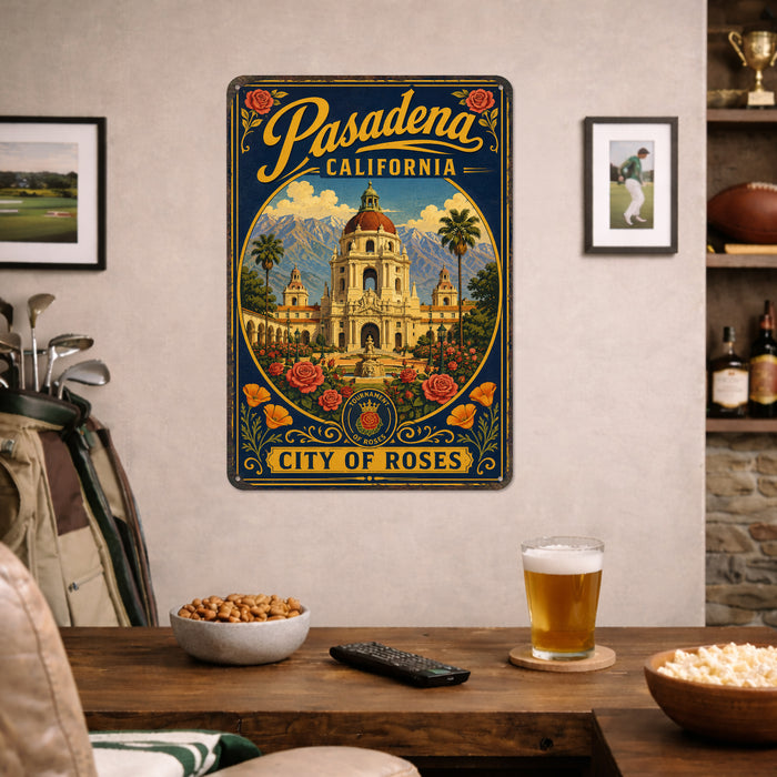 Pasadena California City of Roses metal sign with vintage weathered-tin travel poster illustration — Pasadena California