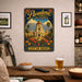 Pasadena California City of Roses metal sign with vintage weathered-tin travel poster illustration — Pasadena California