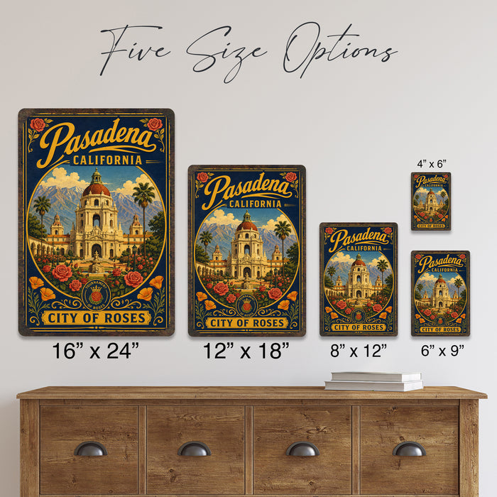 Pasadena California City of Roses metal sign with vintage weathered-tin travel poster illustration — Pasadena California