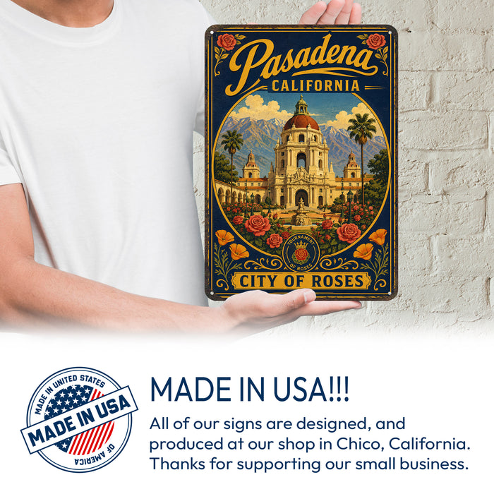 Pasadena California City of Roses metal sign with vintage weathered-tin travel poster illustration — Pasadena California