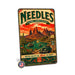 Needles California Route 66 Gateway Mojave metal sign with vintage weathered-tin travel poster illustration — Needles