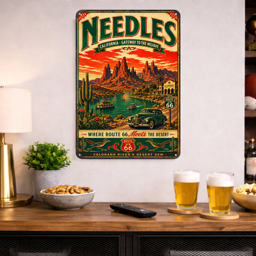 Needles California Route 66 Gateway Mojave metal sign with vintage weathered-tin travel poster illustration — Needles