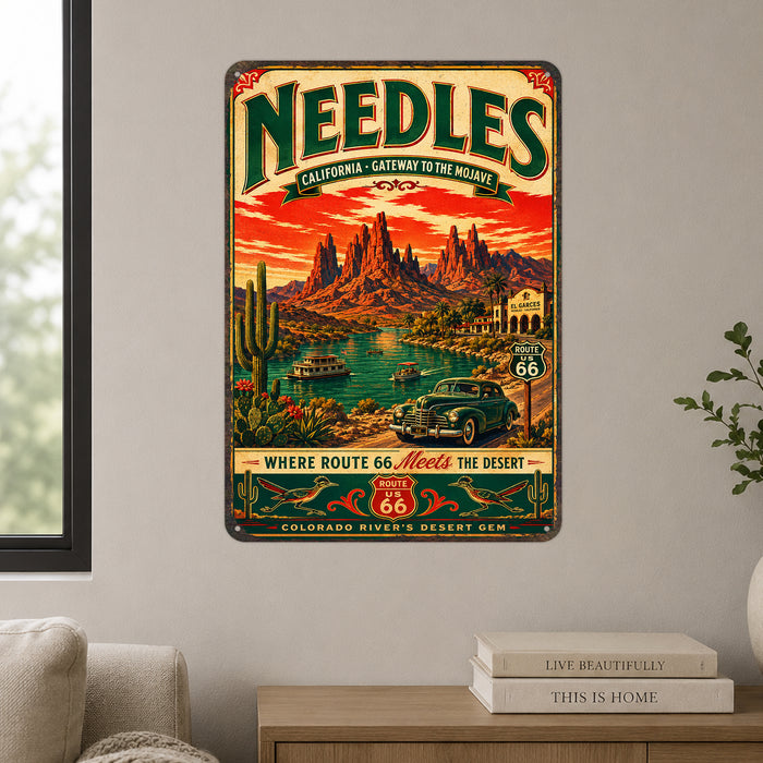 Needles California Route 66 Gateway Mojave metal sign with vintage weathered-tin travel poster illustration — Needles