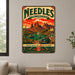 Needles California Route 66 Gateway Mojave metal sign with vintage weathered-tin travel poster illustration — Needles