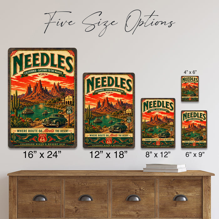 Needles California Route 66 Gateway Mojave metal sign with vintage weathered-tin travel poster illustration — Needles