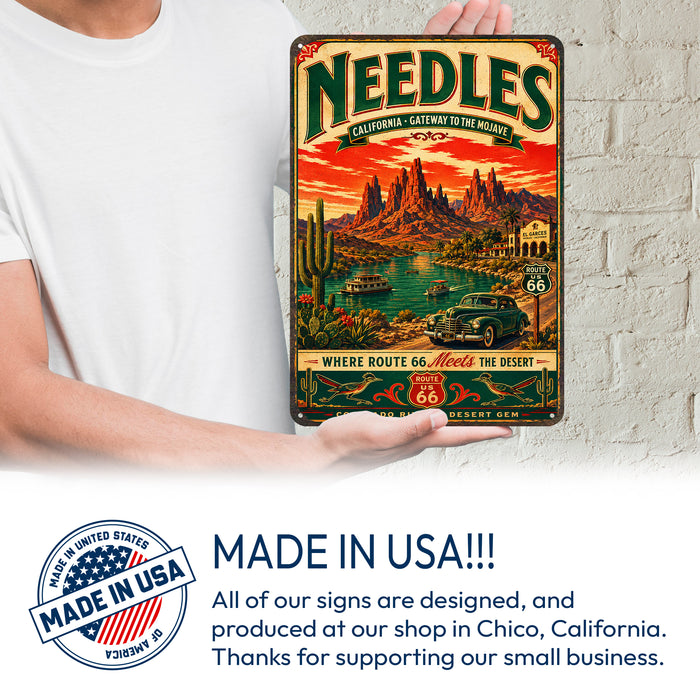 Needles California Route 66 Gateway Mojave metal sign with vintage weathered-tin travel poster illustration — Needles