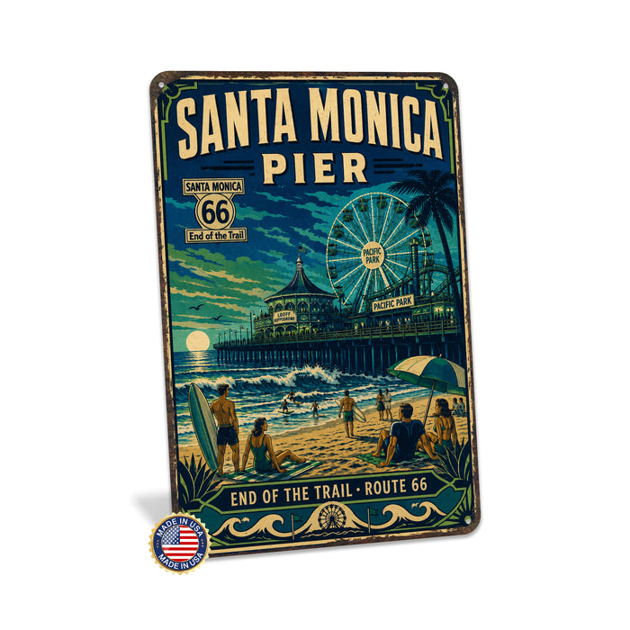 Santa Monica Pier End of Route 66 metal sign with vintage weathered-tin travel poster illustration — Santa Monica Pier End