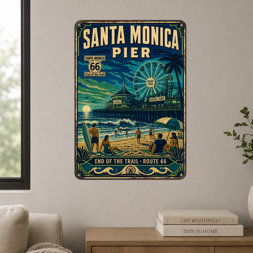 Santa Monica Pier End of Route 66 metal sign with vintage weathered-tin travel poster illustration — Santa Monica Pier End