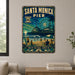 Santa Monica Pier End of Route 66 metal sign with vintage weathered-tin travel poster illustration — Santa Monica Pier End