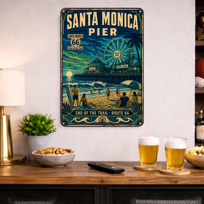 Santa Monica Pier End of Route 66 metal sign with vintage weathered-tin travel poster illustration — Santa Monica Pier End