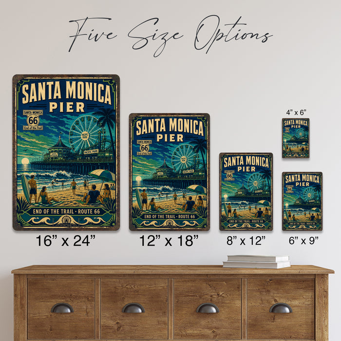 Santa Monica Pier End of Route 66 metal sign with vintage weathered-tin travel poster illustration — Santa Monica Pier End
