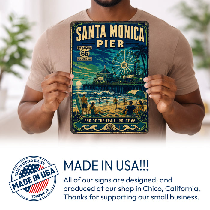 Santa Monica Pier End of Route 66 metal sign with vintage weathered-tin travel poster illustration — Santa Monica Pier End