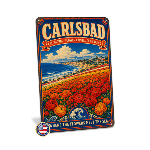 Carlsbad California Flower Capital metal sign with vintage weathered-tin travel poster illustration — Carlsbad California