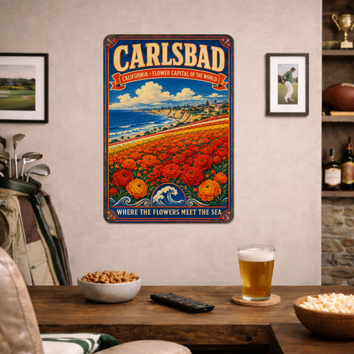 Carlsbad California Flower Capital metal sign with vintage weathered-tin travel poster illustration — Carlsbad California
