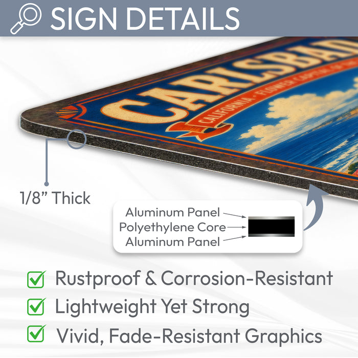 Carlsbad California Flower Capital metal sign with vintage weathered-tin travel poster illustration — Carlsbad California