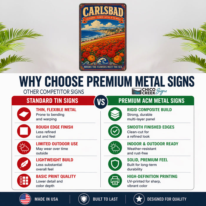 Carlsbad California Flower Capital metal sign with vintage weathered-tin travel poster illustration — Carlsbad California
