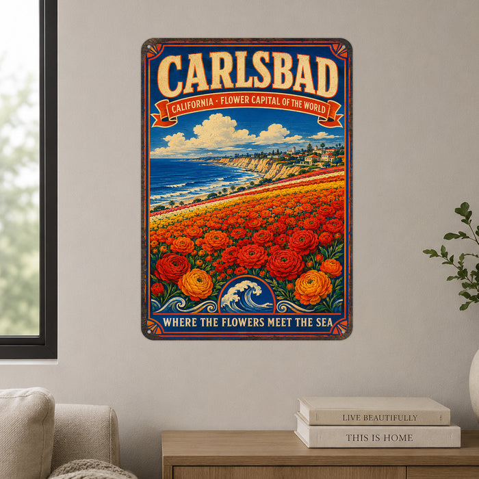 Carlsbad California Flower Capital metal sign with vintage weathered-tin travel poster illustration — Carlsbad California