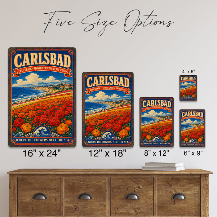 Carlsbad California Flower Capital metal sign with vintage weathered-tin travel poster illustration — Carlsbad California