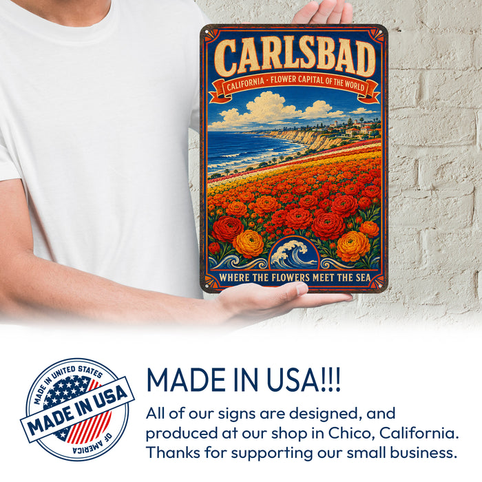 Carlsbad California Flower Capital metal sign with vintage weathered-tin travel poster illustration — Carlsbad California